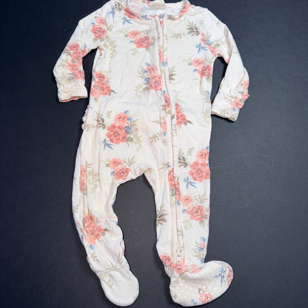 Tullabee Baby Girls‎ Floral Roses Pink Blue Bamboo Footie Pajamas Sleepwear 6-9M
